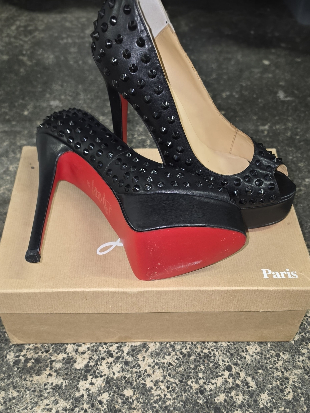 Black Studded Peep-Toe Pumps with Red Sole
